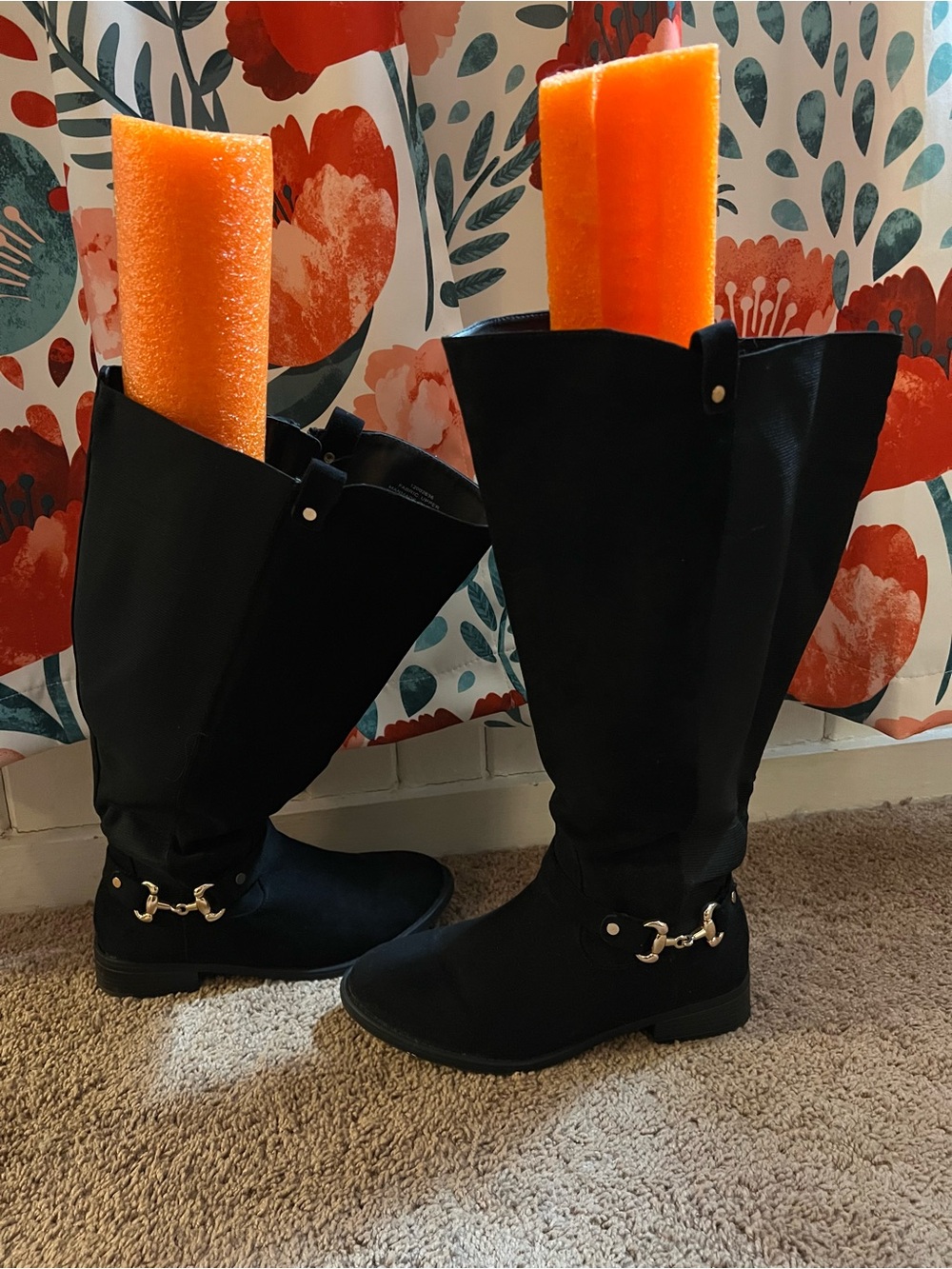 Black Suede Feel Women's Tall Riding Boots with Gold Hardware 9W